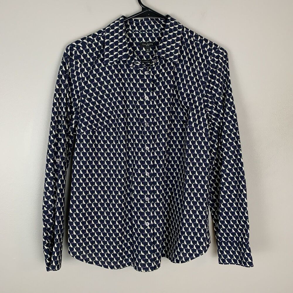 Talbots Top 8P Petite Blue Puppy Dog Roll Tab Sleeve Preppy Button Up Blouse